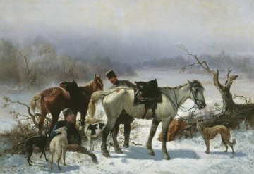狩猟 Painting - 冬には馬や犬を狩る